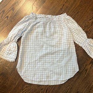 Sara Campbell Blue Gingham Off The Shoulder Bell Sleeve Top M